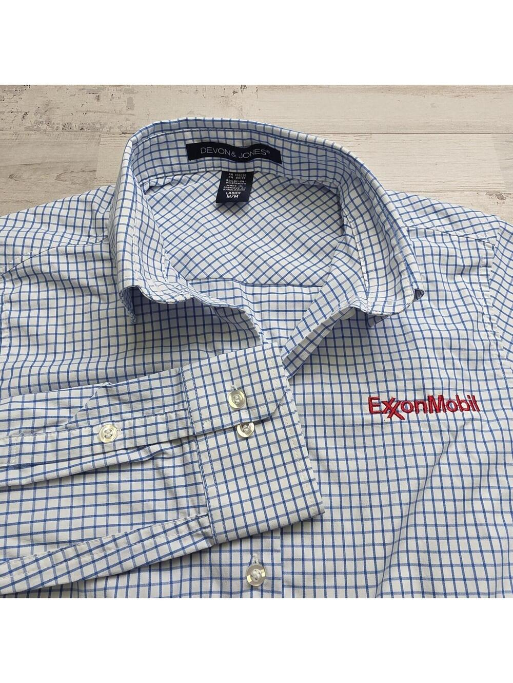 Women's Exxon Mobil Check Button Up Work Shirt Devon & Jones Sz MED